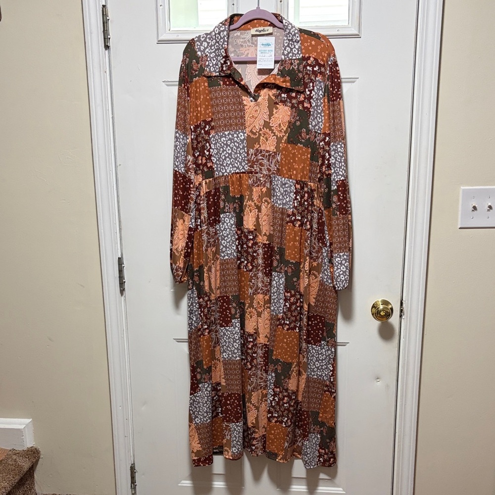 Long Sleeve Patchwork Midi Dress in Rust, Brown & Olive